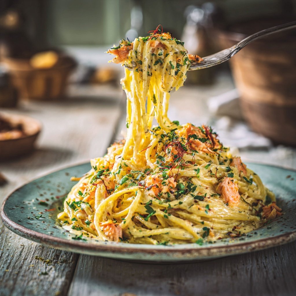 Saffron Cream Salmon Pasta