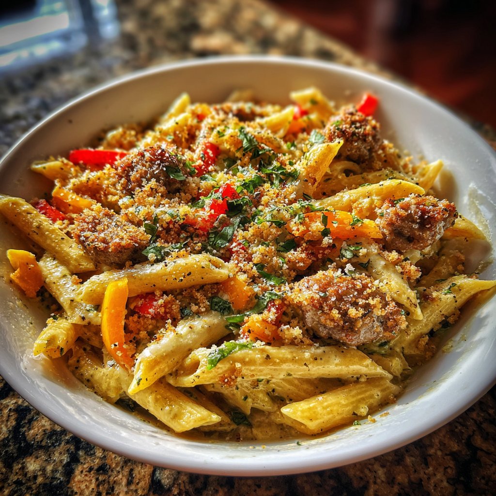 One Pot Creamy Cajun Sausage Pasta with Garlic Bread Crumbs